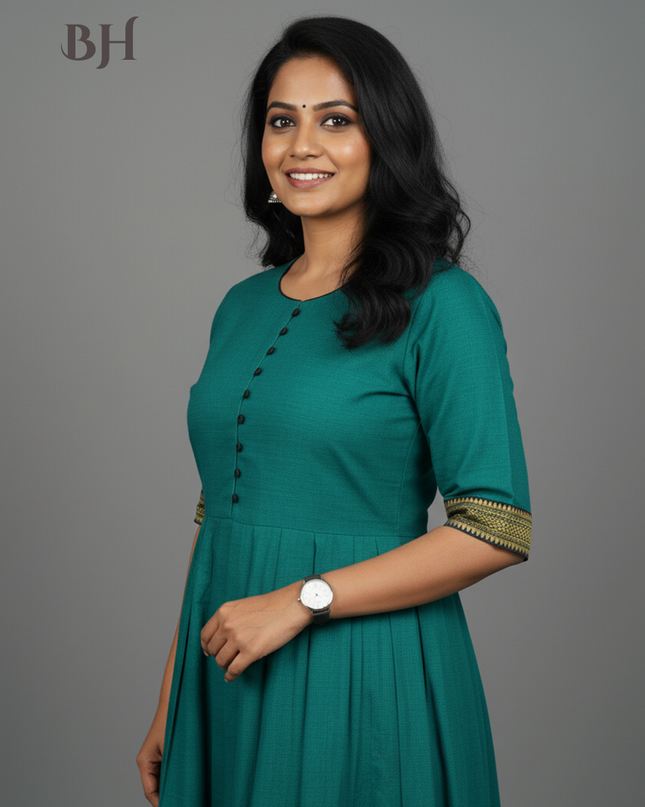 Mangalagiri Cotton Long Frock with Emrold Green Colour