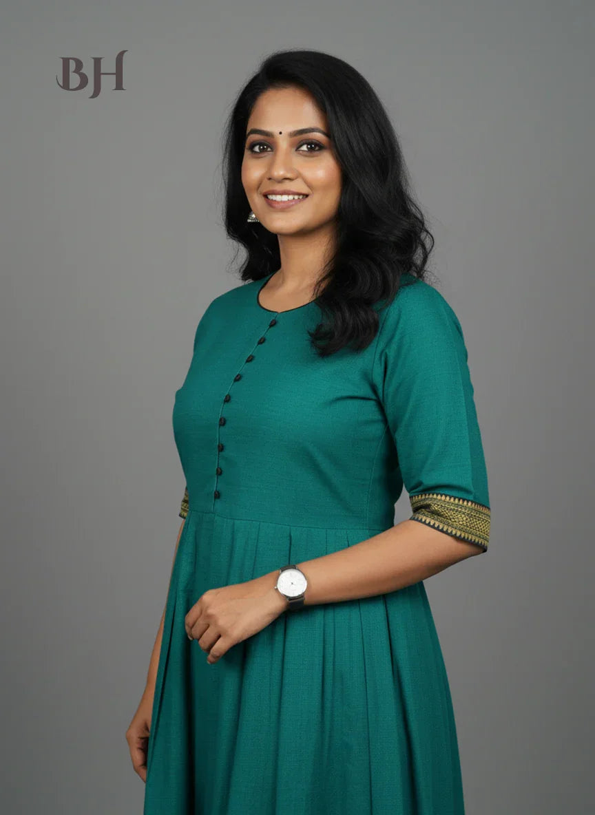 Mangalagiri Cotton Long Frock with Emrold Green Colour