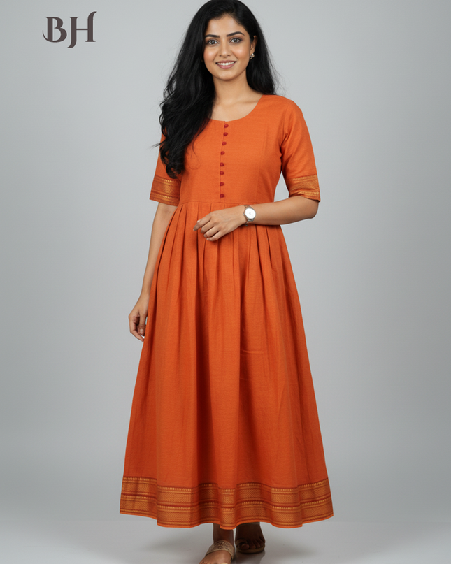 Mangalagiri Cotton Long Frock with Orange Colour