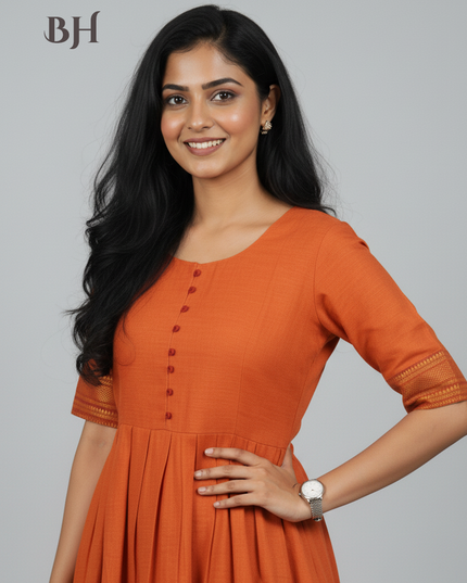 Mangalagiri Cotton Long Frock with Orange Colour