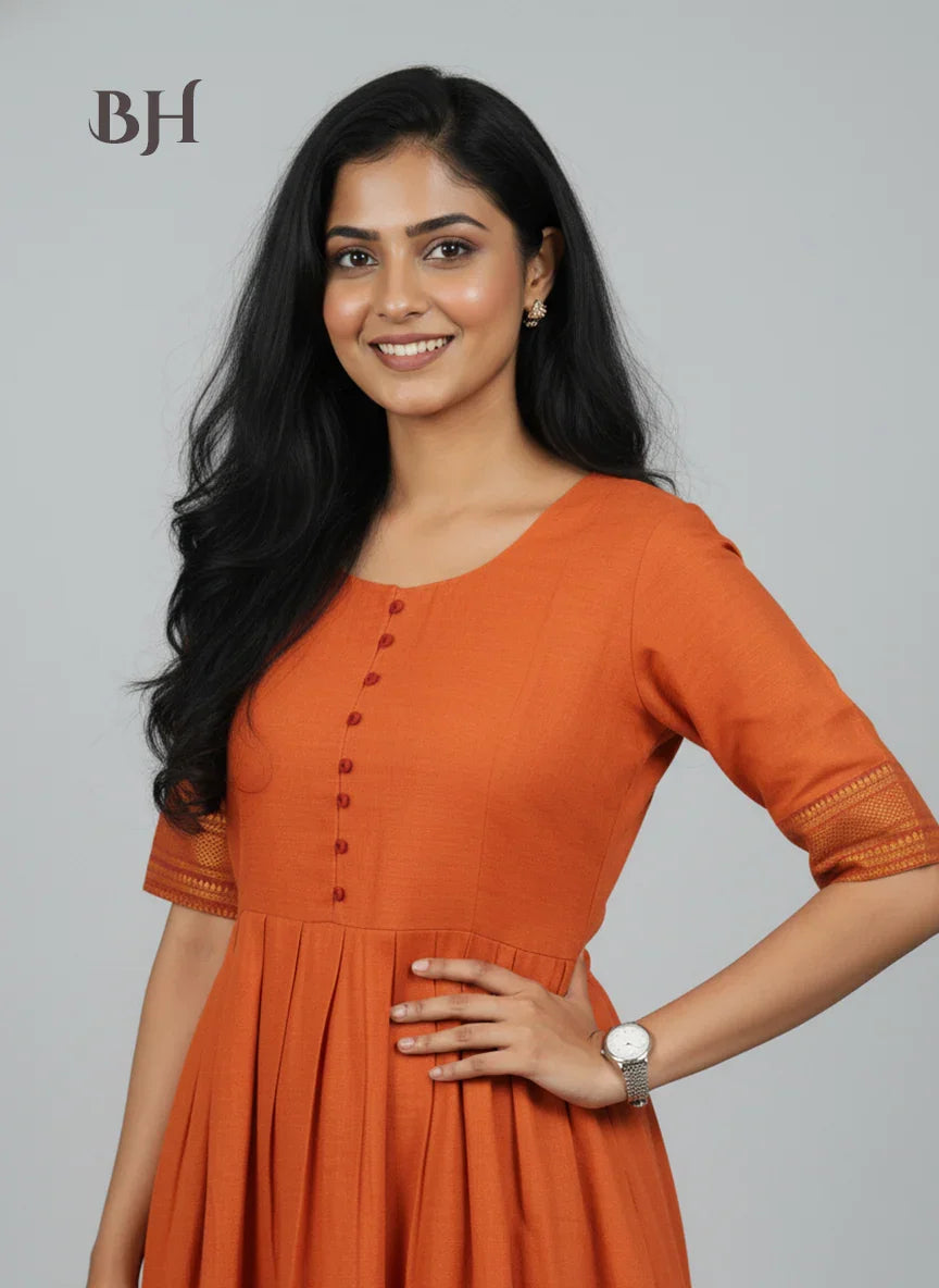 Mangalagiri Cotton Long Frock with Orange Colour