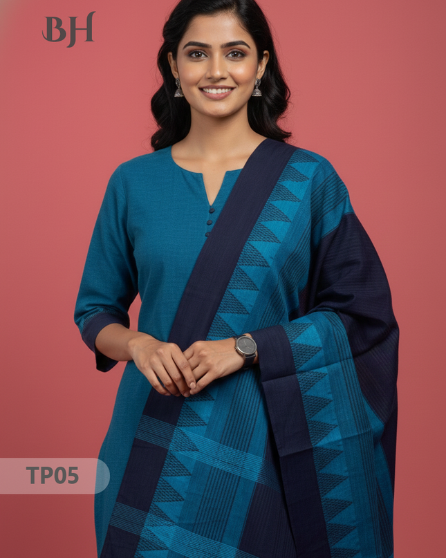 Mangalagiri Cotton 3PC Set with Full-Length Lining & Elastic Pocket Bottom – Blue & Navy Blue Double Weave