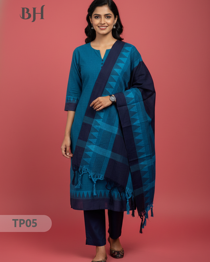 Mangalagiri Cotton 3PC Set with Full-Length Lining & Elastic Pocket Bottom – Blue & Navy Blue Double Weave