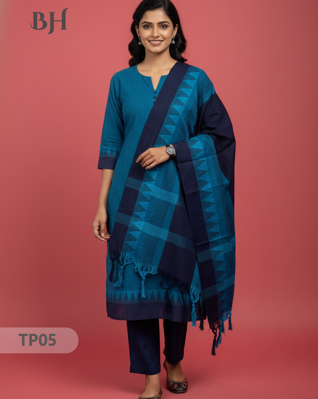 Mangalagiri Cotton 3PC Set with Full-Length Lining & Elastic Pocket Bottom – Blue & Navy Blue Double Weave
