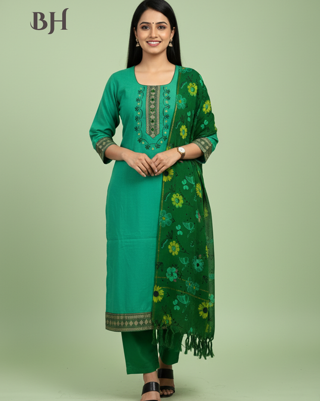 Mangalagiri Cotton Kurti Set Lux Green – Straight Cut Style, Elbow Length Sleeves