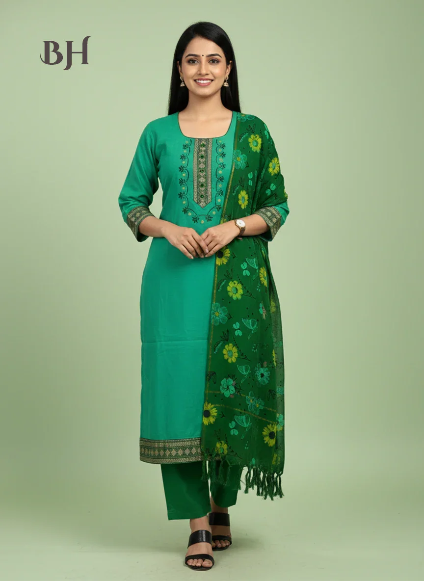 Mangalagiri Cotton Kurti Set Lux Green – Straight Cut Style, Elbow Length Sleeves