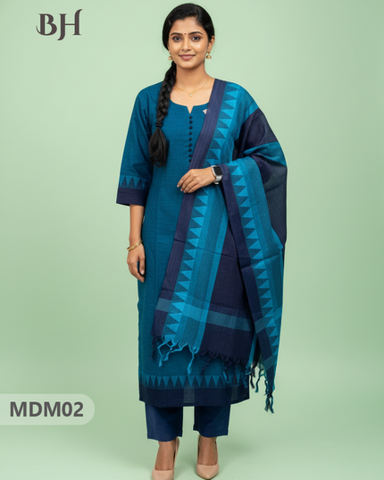 Mangalagiri Cotton 3PC Set with Full-Length Lining & Elastic Pocket Bottom – Rama Blue Colour