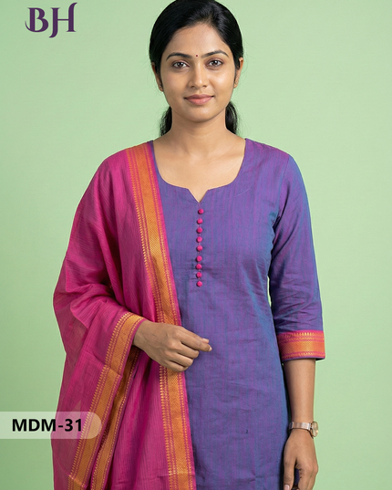 Mangalagiri Cotton 3PC Set – Bluish Purple | Full-Length Lining | Handloom Ethnic Wear