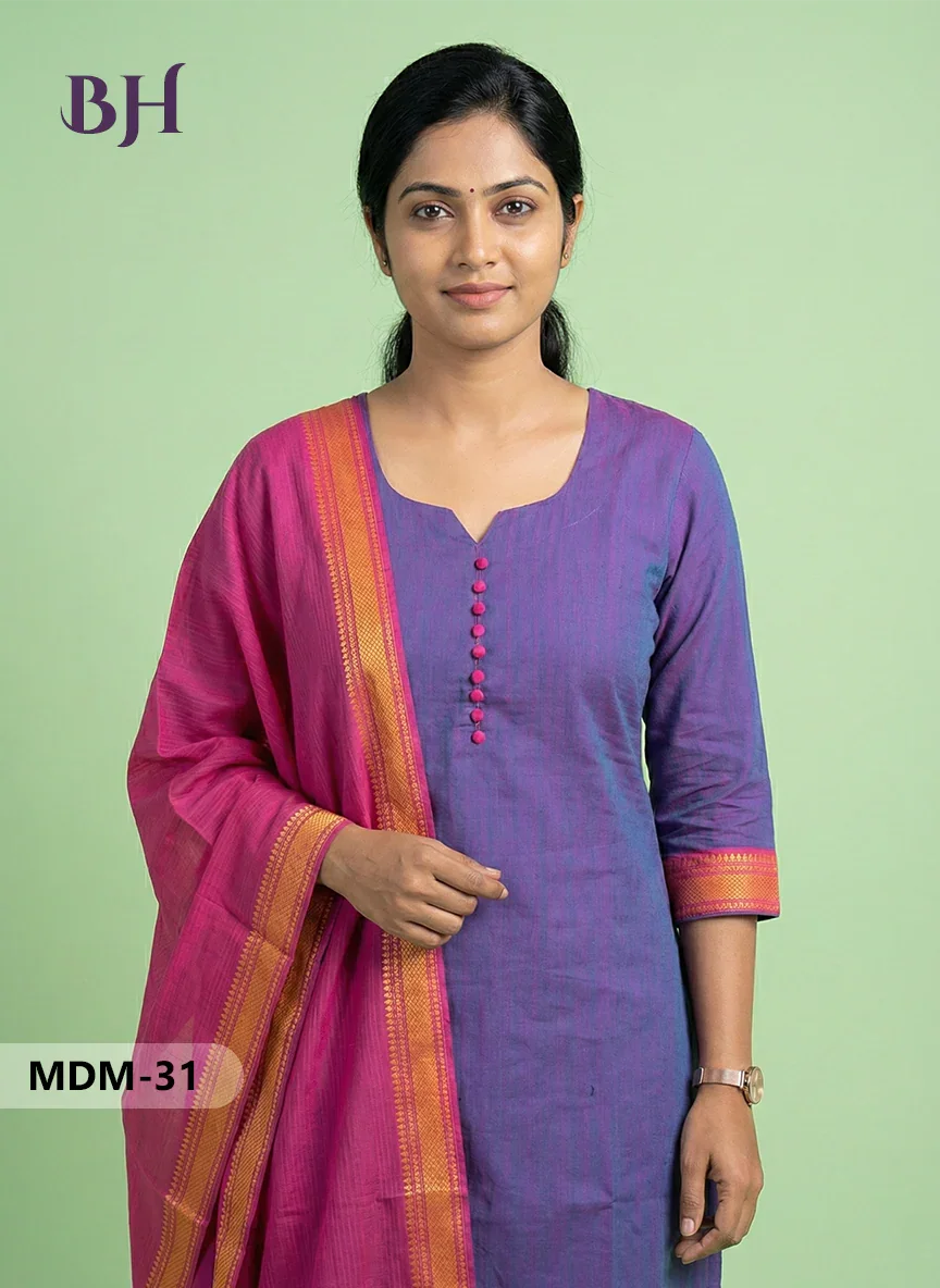 Mangalagiri Cotton 3PC Set – Bluish Purple | Full-Length Lining | Handloom Ethnic Wear