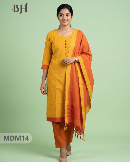 Mangalagiri Cotton 3PC Set with Full-Length Lining & Elastic Pocket Bottom – Orange Yellow