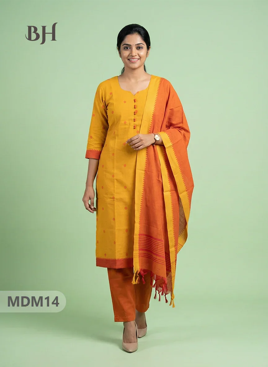 Mangalagiri Cotton 3PC Set with Full-Length Lining & Elastic Pocket Bottom – Orange Yellow