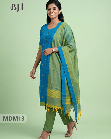 Mangalagiri Cotton 3PC Set with Full-Length Lining & Elastic Pocket Bottom – Bluish Cyan