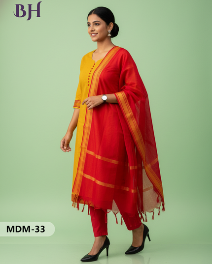 Mangalagiri Cotton 3PC Set – Yellow | Full-Length Lining | Handloom Ethnic Wear