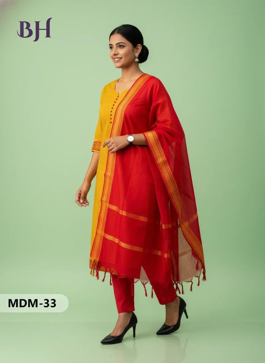 Mangalagiri Cotton 3PC Set – Yellow | Full-Length Lining | Handloom Ethnic Wear