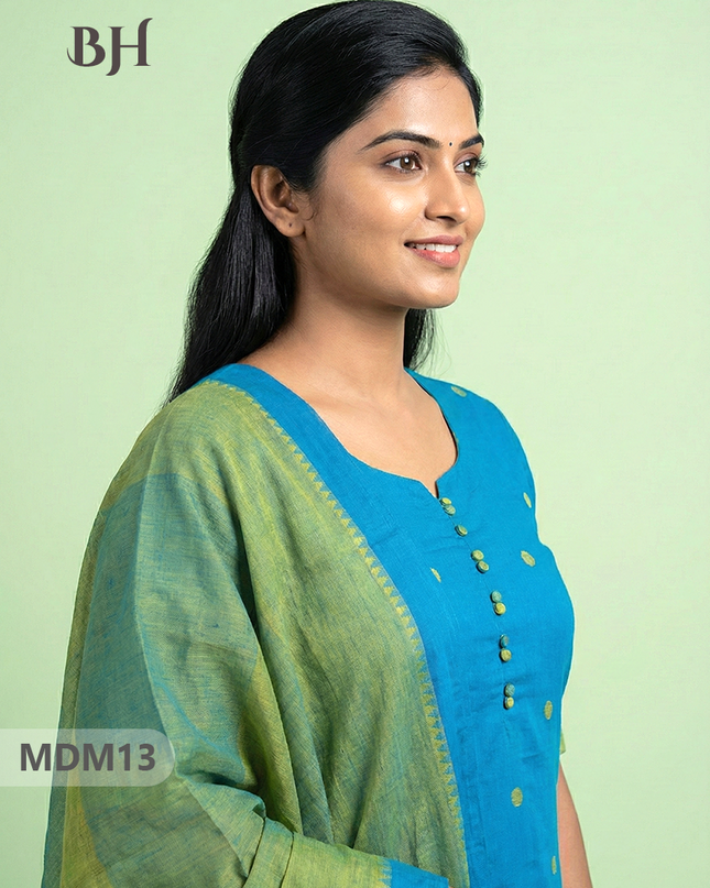 Mangalagiri Cotton 3PC Set with Full-Length Lining & Elastic Pocket Bottom – Bluish Cyan