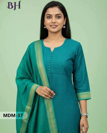 Mangalagiri Cotton 3PC Set – Dark Green | Full-Length Lining | Handloom Ethnic Wear
