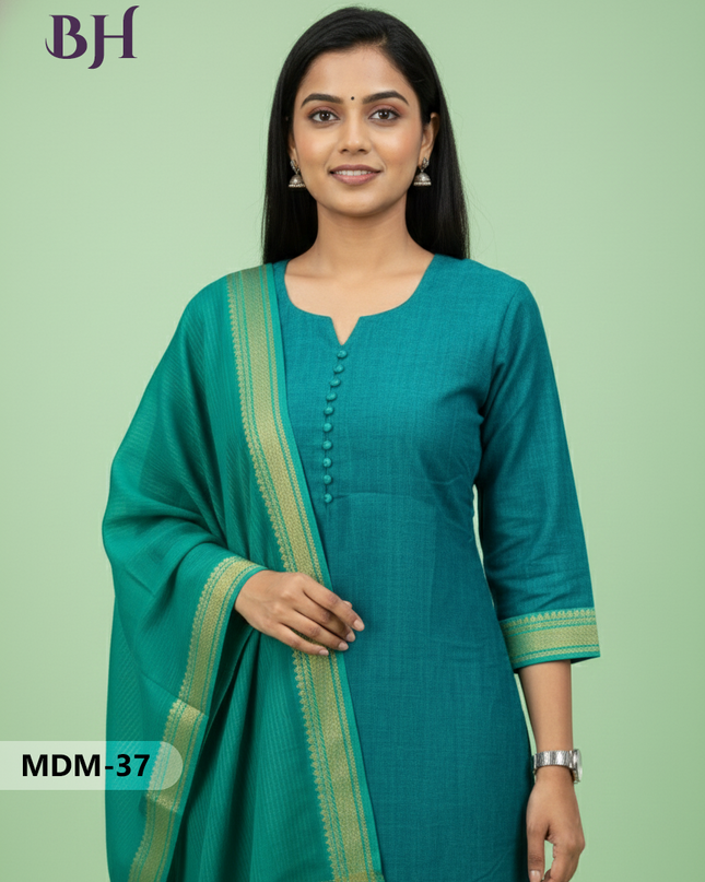 Mangalagiri Cotton 3PC Set – Dark Green | Full-Length Lining | Handloom Ethnic Wear