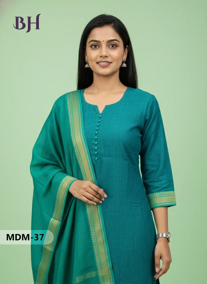 Mangalagiri Cotton 3PC Set – Dark Green | Full-Length Lining | Handloom Ethnic Wear