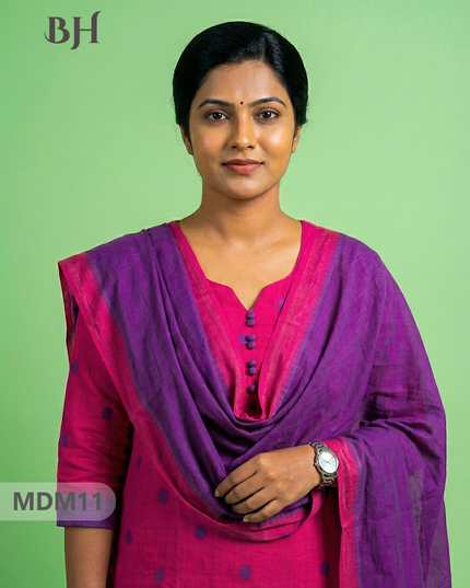 Mangalagiri Cotton 3PC Set with Full-Length Lining & Elastic Pocket Bottom – Pinkish Red