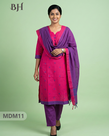 Mangalagiri Cotton 3PC Set with Full-Length Lining & Elastic Pocket Bottom – Pinkish Red