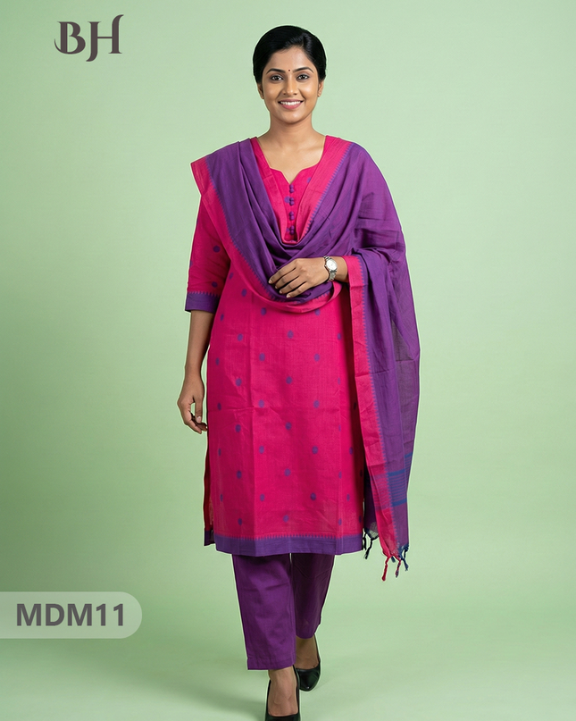 Mangalagiri Cotton 3PC Set with Full-Length Lining & Elastic Pocket Bottom – Pinkish Red