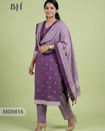 Mangalagiri Cotton 3PC Set with Full-Length Lining & Elastic Pocket Bottom – Dusty Purple