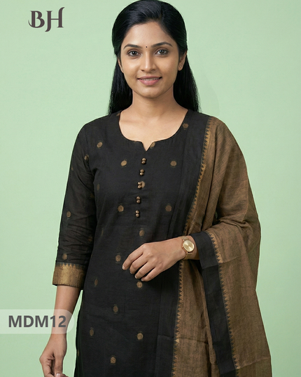 Mangalagiri Cotton 3PC Set with Full-Length Lining & Elastic Pocket Bottom – Black