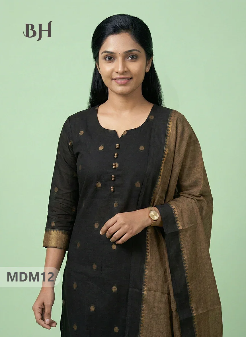 Mangalagiri Cotton 3PC Set with Full-Length Lining & Elastic Pocket Bottom – Black
