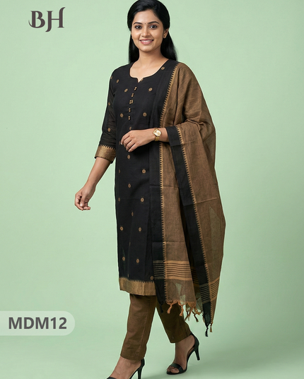 Mangalagiri Cotton 3PC Set with Full-Length Lining & Elastic Pocket Bottom – Black