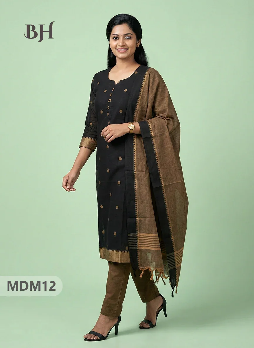 Mangalagiri Cotton 3PC Set with Full-Length Lining & Elastic Pocket Bottom – Black