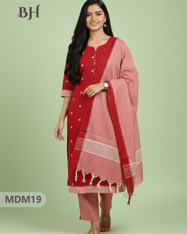 Mangalagiri Cotton 3PC Set with Full-Length Lining & Elastic Pocket Bottom – Tomato Red