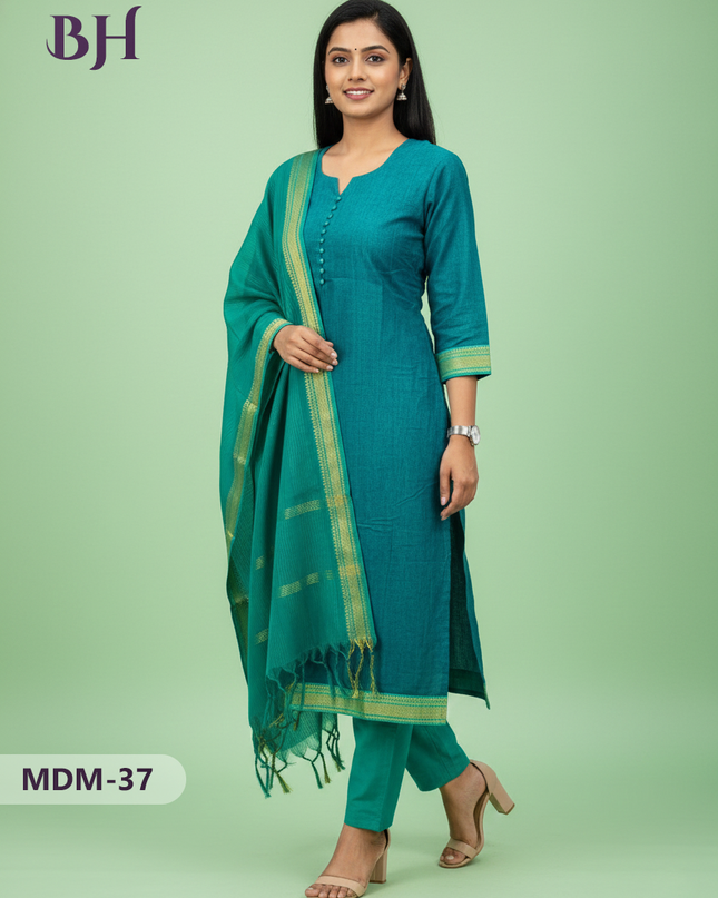 Mangalagiri Cotton 3PC Set – Dark Green | Full-Length Lining | Handloom Ethnic Wear