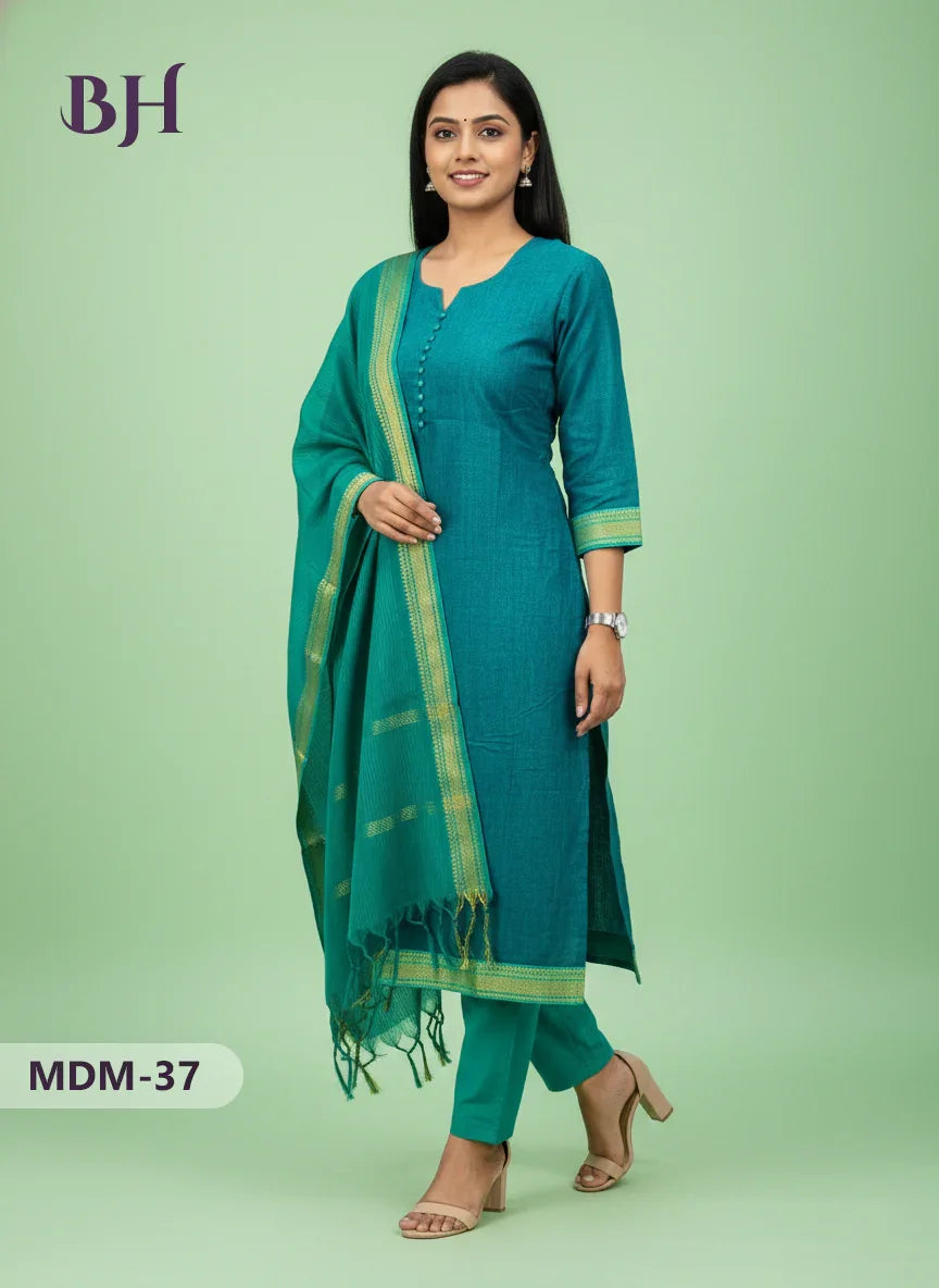 Mangalagiri Cotton 3PC Set – Dark Green | Full-Length Lining | Handloom Ethnic Wear