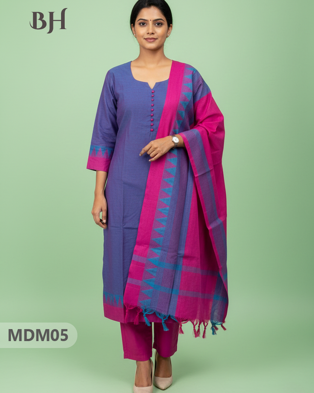 Mangalagiri Cotton 3PC Set with Full-Length Lining & Elastic Pocket Bottom – Sea Blue & Pink Double Weave