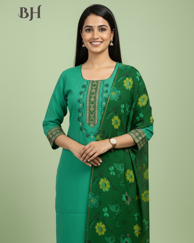 Mangalagiri Cotton Kurti Set Lux Green – Straight Cut Style, Elbow Length Sleeves