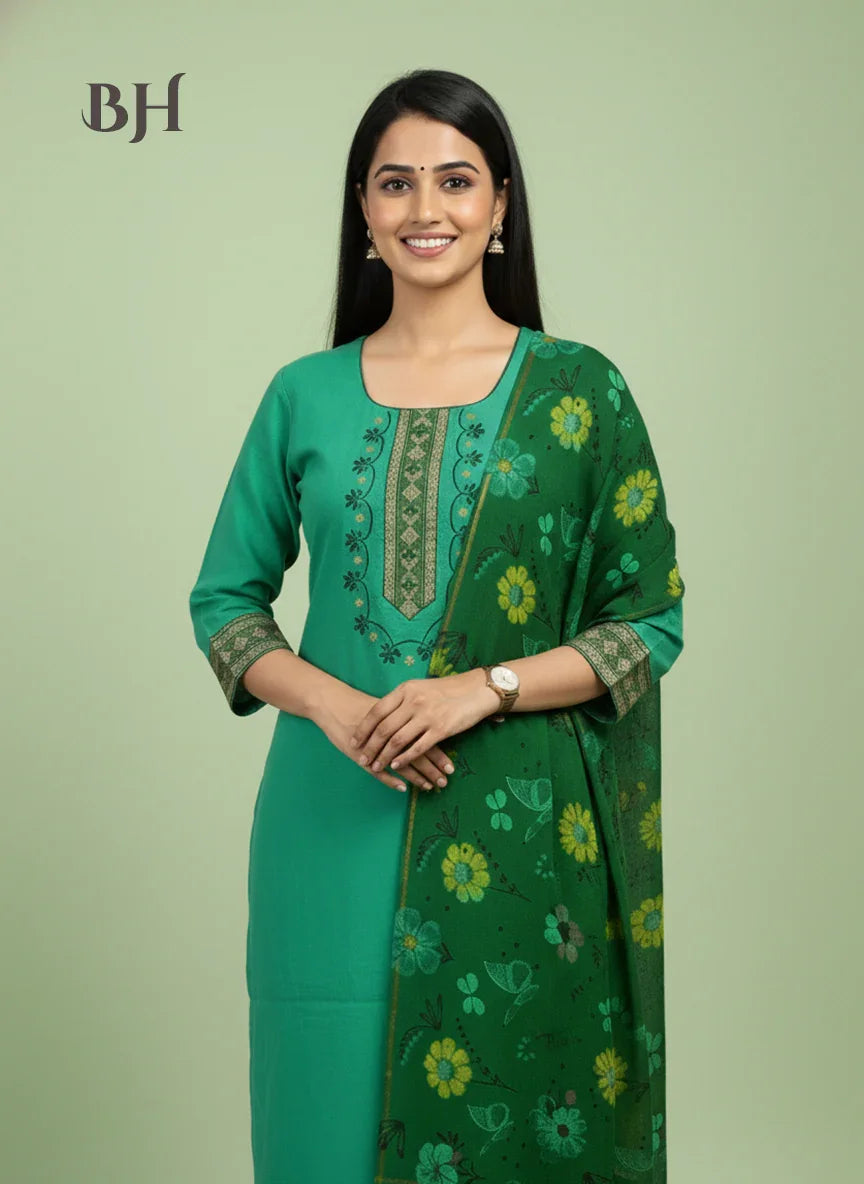 Mangalagiri Cotton Kurti Set Lux Green – Straight Cut Style, Elbow Length Sleeves