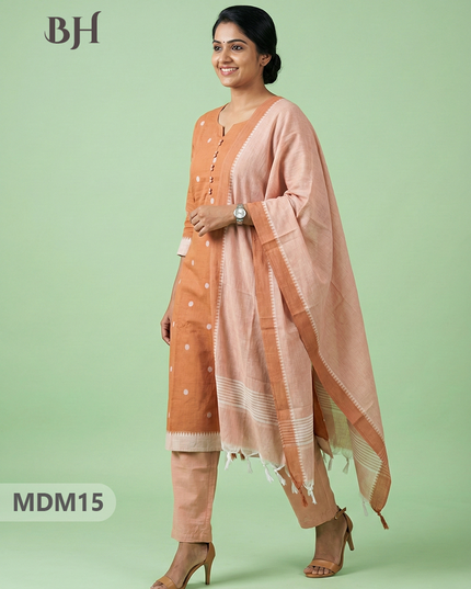 Mangalagiri Cotton 3PC Set with Full-Length Lining & Elastic Pocket Bottom – Pale Peach