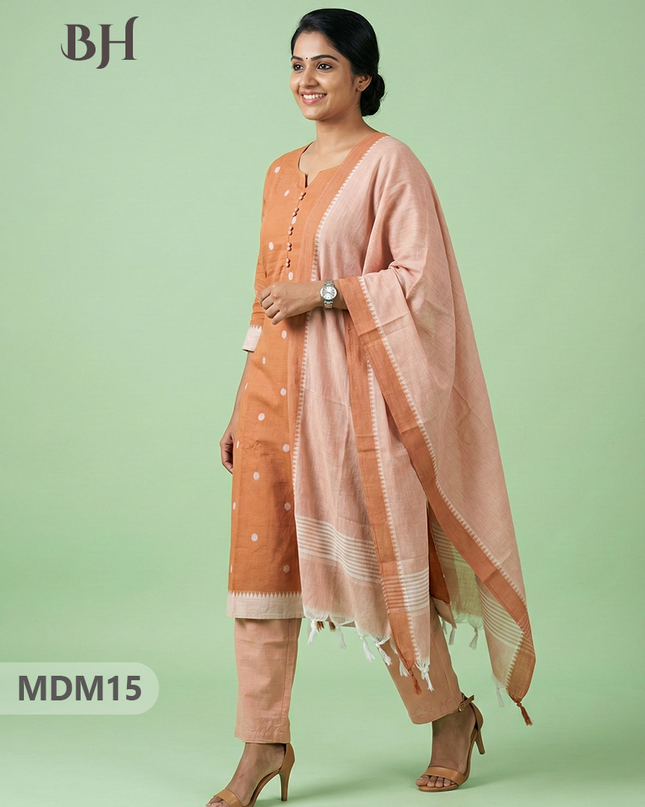 Mangalagiri Cotton 3PC Set with Full-Length Lining & Elastic Pocket Bottom – Pale Peach