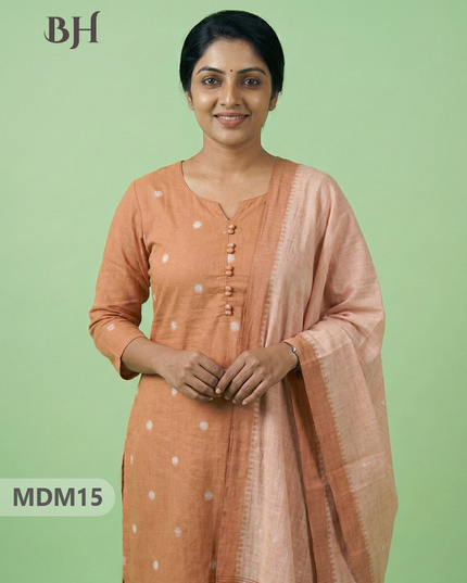 Mangalagiri Cotton 3PC Set with Full-Length Lining & Elastic Pocket Bottom – Pale Peach