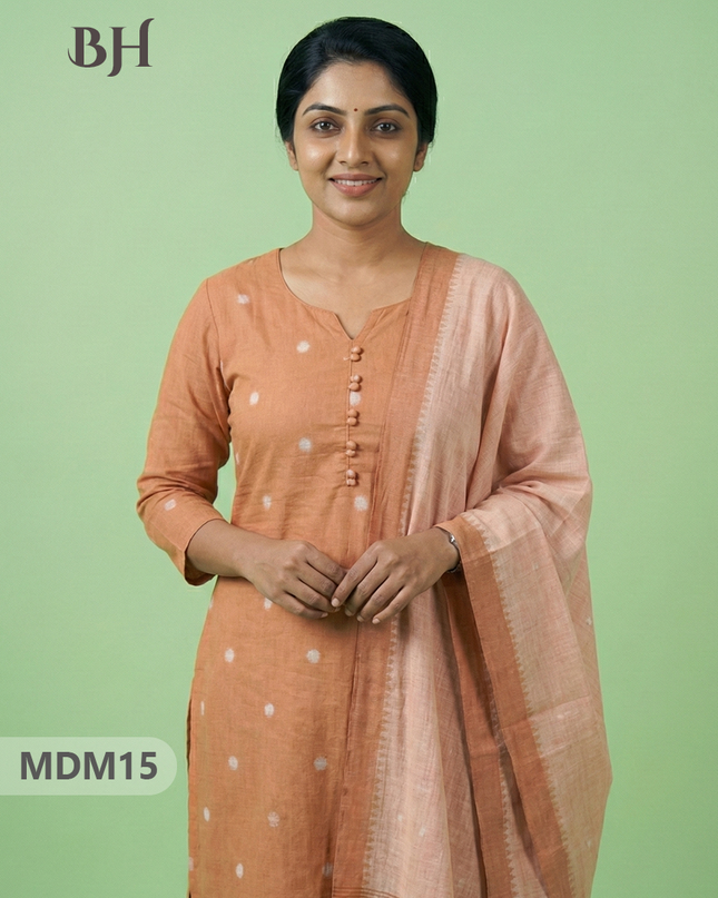 Mangalagiri Cotton 3PC Set with Full-Length Lining & Elastic Pocket Bottom – Pale Peach