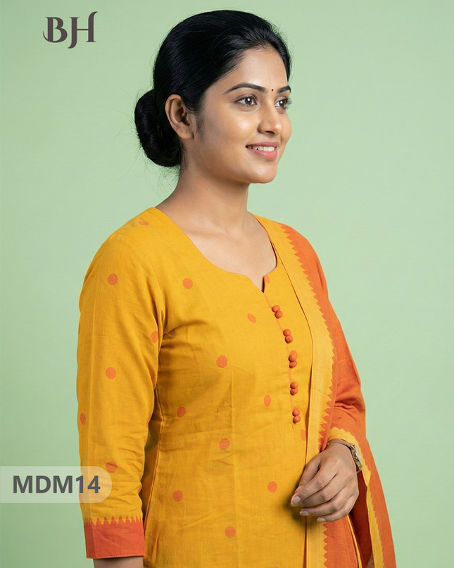 Mangalagiri Cotton 3PC Set with Full-Length Lining & Elastic Pocket Bottom – Orange Yellow
