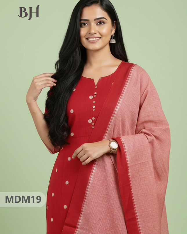 Mangalagiri Cotton 3PC Set with Full-Length Lining & Elastic Pocket Bottom – Tomato Red