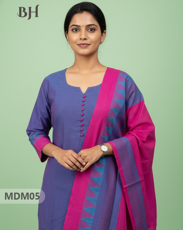 Mangalagiri Cotton 3PC Set with Full-Length Lining & Elastic Pocket Bottom – Sea Blue & Pink Double Weave
