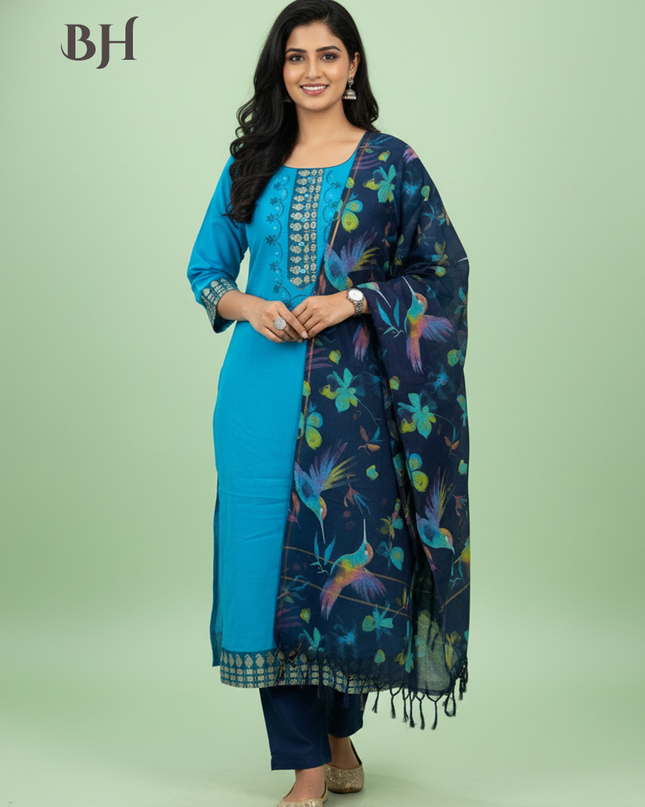 Mangalagiri Cotton Kurti Set Sky Blue – Straight Cut Style, Elbow Length Sleeves