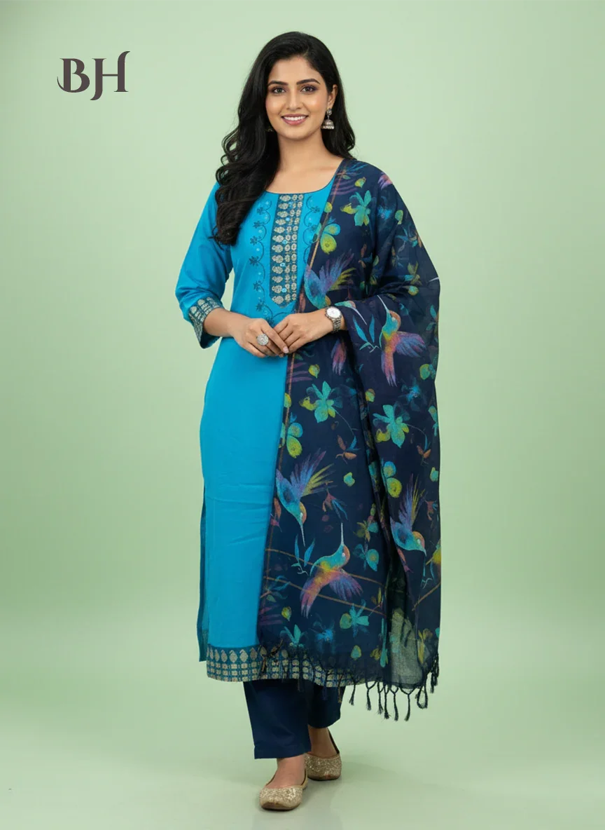 Mangalagiri Cotton Kurti Set Sky Blue – Straight Cut Style, Elbow Length Sleeves