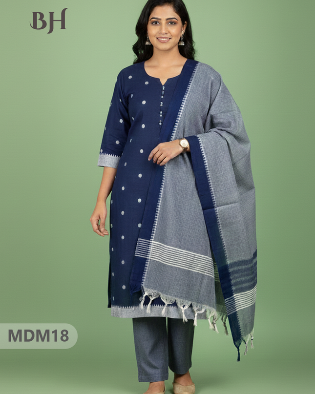Mangalagiri Cotton 3PC Set with Full-Length Lining & Elastic Pocket Bottom – Blue
