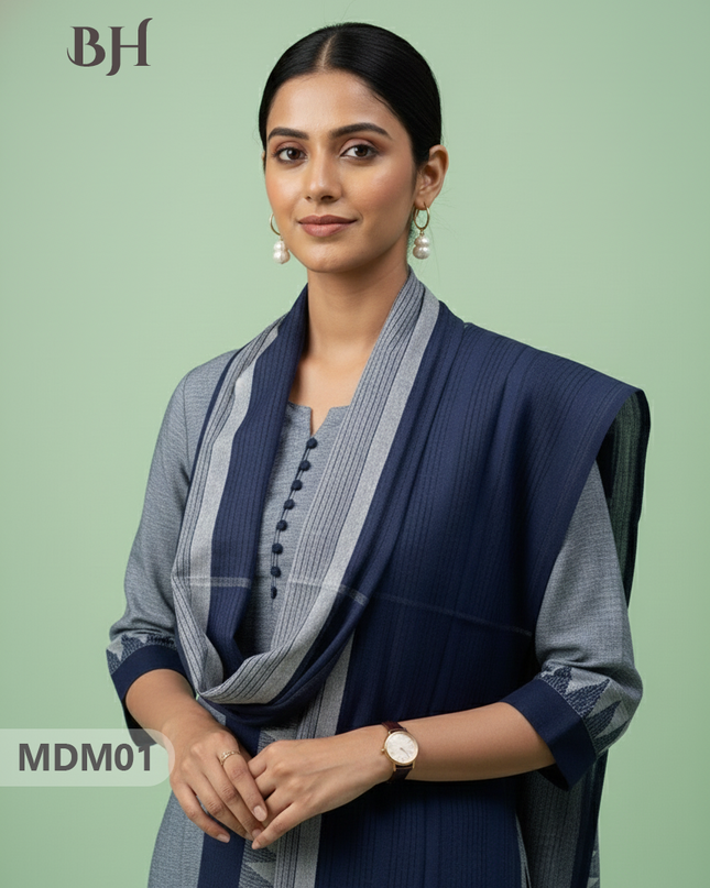 Mangalagiri Cotton 3PC Set with Full-Length Lining & Elastic Pocket Bottom – White & Blue Double Weave