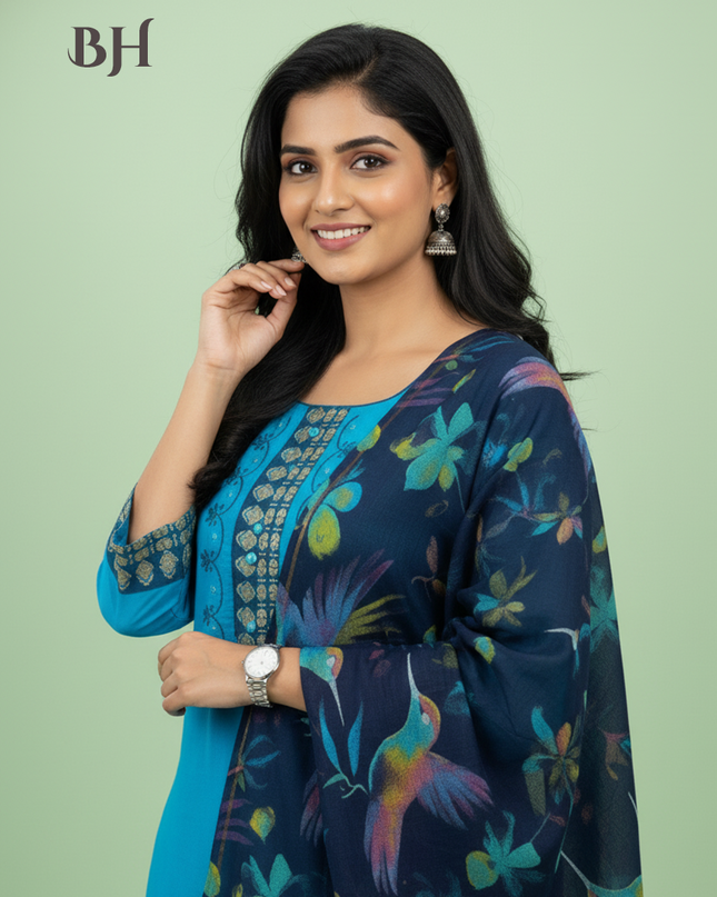 Mangalagiri Cotton Kurti Set Sky Blue – Straight Cut Style, Elbow Length Sleeves