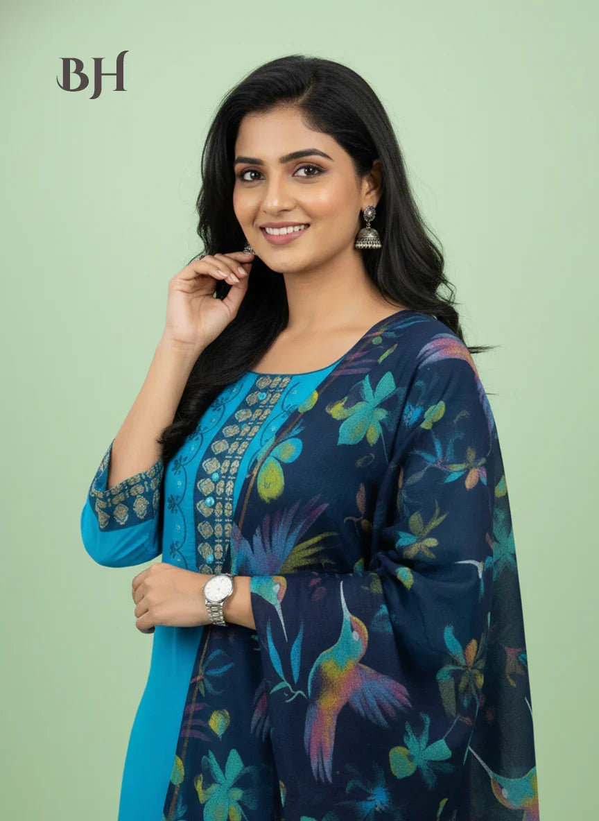 Mangalagiri Cotton Kurti Set Sky Blue – Straight Cut Style, Elbow Length Sleeves
