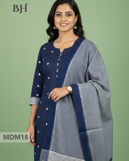 Mangalagiri Cotton 3PC Set with Full-Length Lining & Elastic Pocket Bottom – Blue
